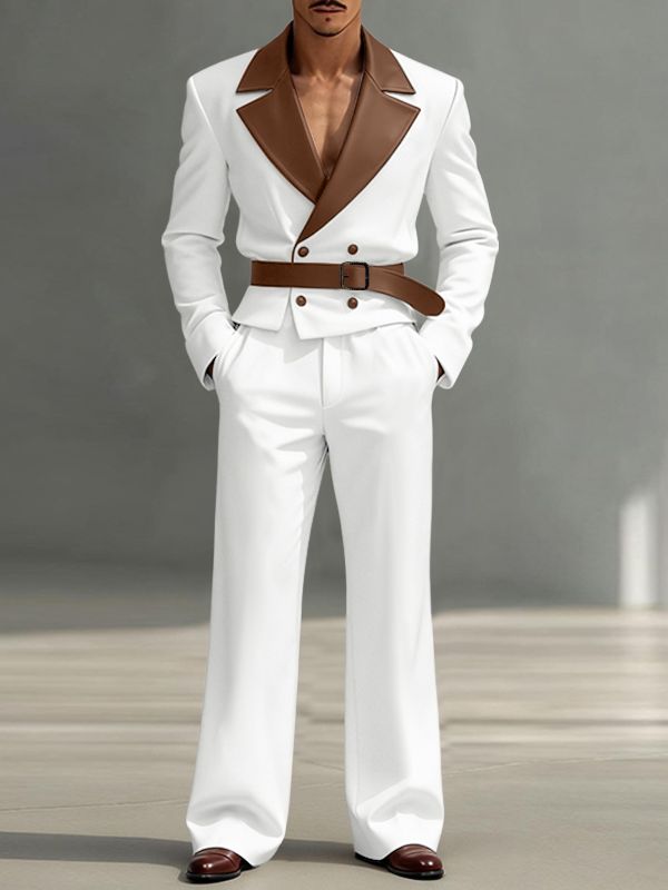 Men's Faux Leather Contrast Color Double Breasted Two Pieces Outfit SKUL47907