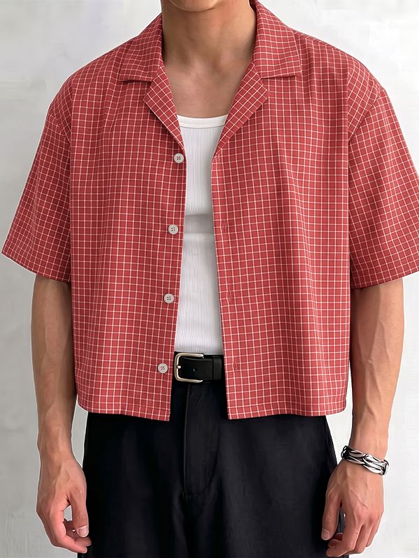 Men's Retro Plaid Boxy Cropped Camp Collar Short Sleeve Shirt SKUL75535