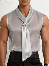 Men's Semi-Sheer Integrated Wide Tie Draped Neck Sleeveless Shirt SKUL57510
