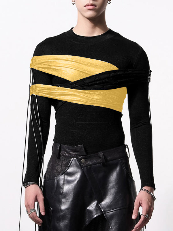 Mens Ribbon Patchwork Long Sleeve T-Shirt SKUK89228