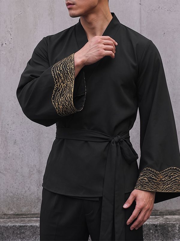 Men's Retro Resort Wave Embroidery Belted Wide Long Sleeve V-Neck Cardigan SKUL78345