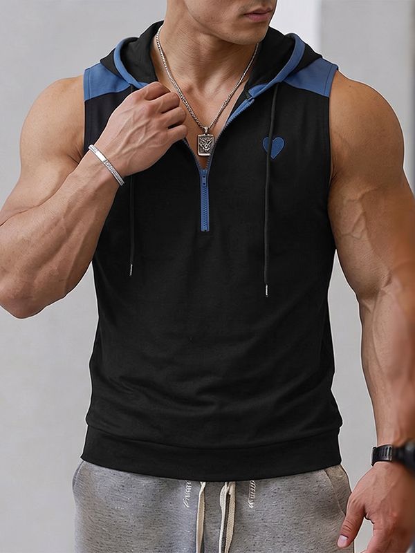Men's Athletic Gym Half Zip Drawstring Hood Muscle Fit Sleeveless Hooded Collar Tank SKUL73201