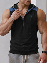 Men's Athletic Gym Half Zip Drawstring Hood Muscle Fit Sleeveless Hooded Collar Tank SKUL73201