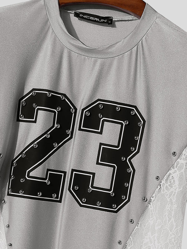 Men's Number Print Lace Sheer Patchwork Short Sleeve T-Shirt SKUL22234