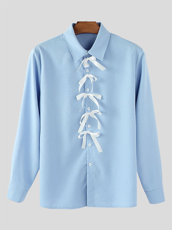 Men's Bow Patchwork Colorblock Long Sleeve Shirt SKUL24200