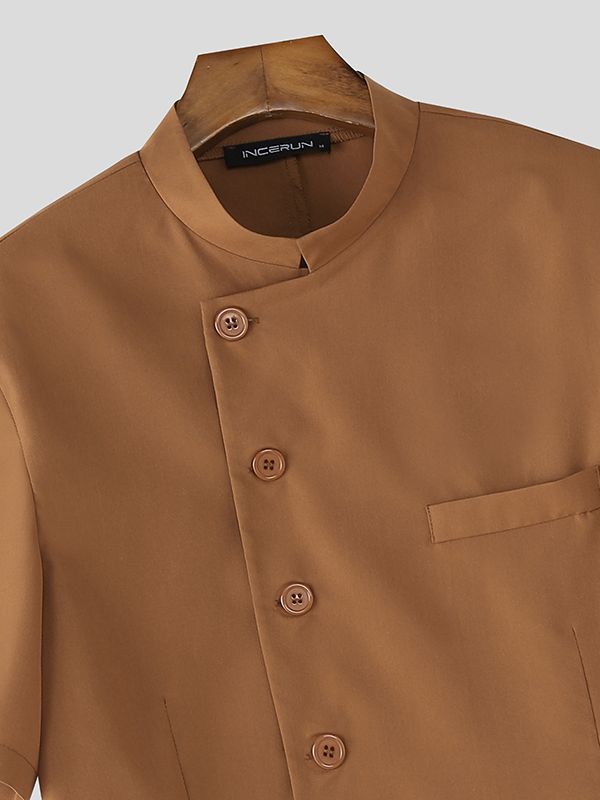 Men's Solid Color Stand Collar Cropped Short Sleeve Blazer SKUL50074