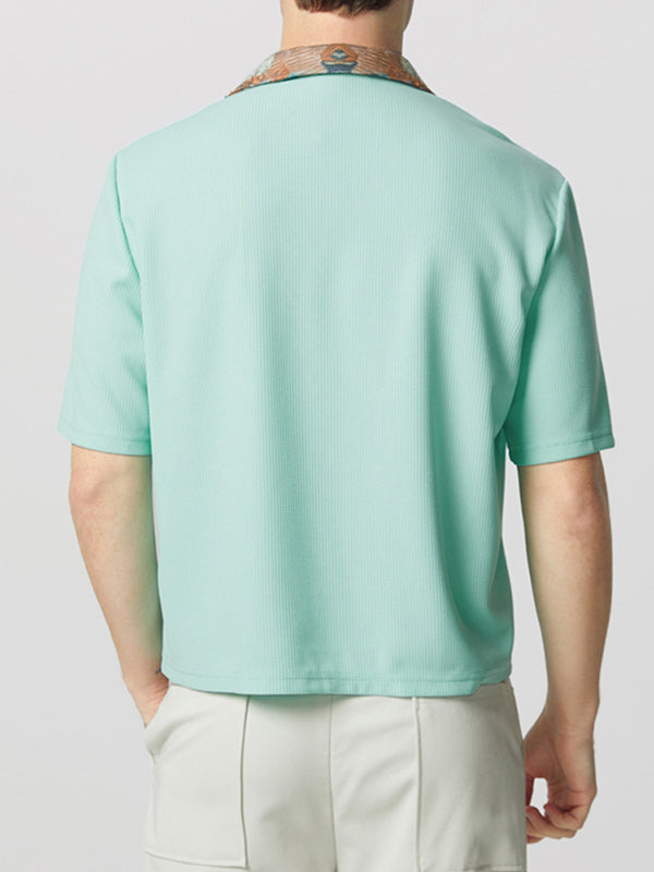 Mens Textured Patchwork Cropped Short-Sleeve Shirt SKUK65129