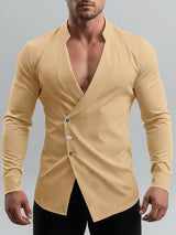 Men's Minimalist Asymmetrical Placket Deep V Neck Long Sleeve Shirt SKUL46281