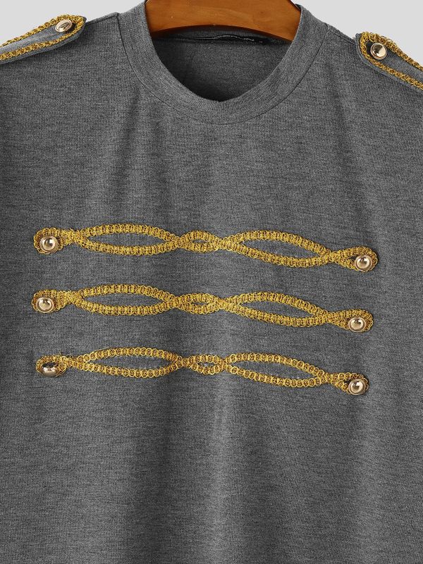 Men's High Street Vintage Military Gold Braided Embroidery T-shirt SKUL73508