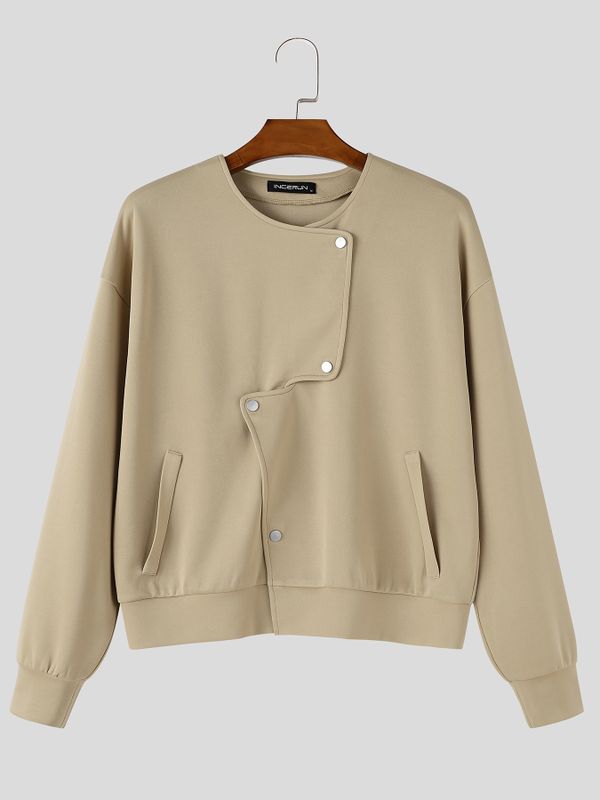 Men's Avant-Garde Chic City Walk Asymmetric Stepped Snap Placket Crewneck Jacket SKUL84565