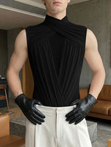 Men's Avant-Garde Cross Neck Crinkled Ruched Sheer Mesh Patchwork Tight Bodysuit SKUL61880