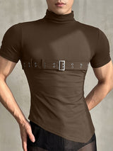 Men's Avant Garde Darkwear Harness Strap Asymmetrical Mock Neck Short Sleeve T-shirt SKUL64161