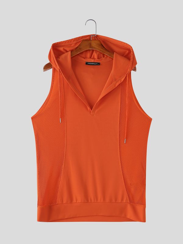 Men's Athletic Side Mesh Panel Deep V-Neck Hooded Tank SKUL73119