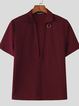 Men's Metal Ring Decor Textured Short Sleeve Shirt SKUL47997