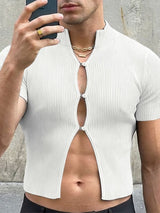 Men's Ribbed Slim Fit Mock Neck Cut Out Button Up Cropped T-shirt SKUL56542