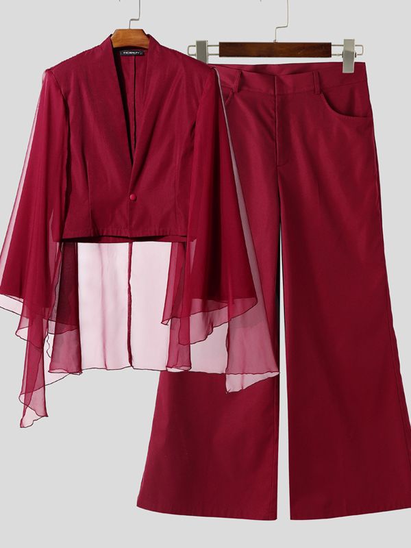 Men's Chiffon Flap Patchwork Cropped Two Pieces Outfit SKUL36612