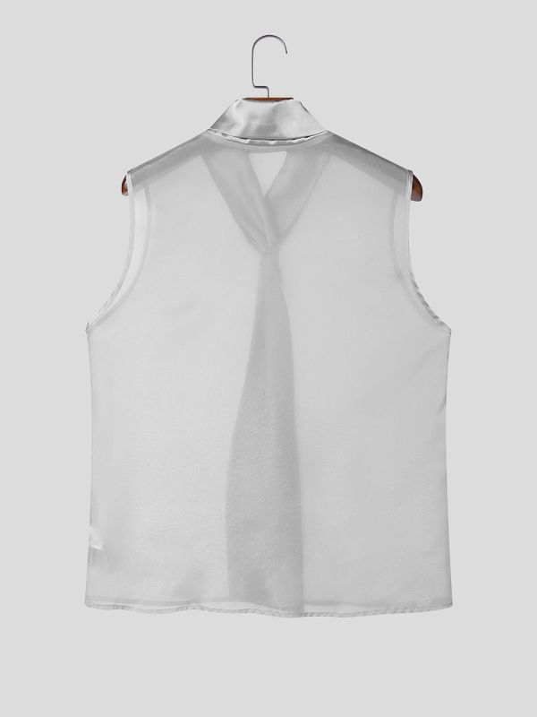 Men's Semi-Sheer Integrated Wide Tie Draped Neck Sleeveless Shirt SKUL57510