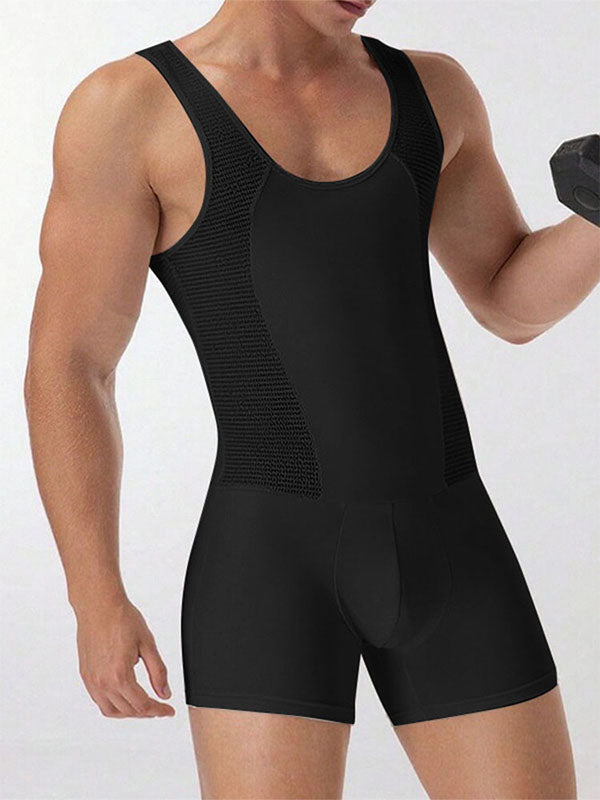 Men's Sheer Mesh Patchwork Sleeveless Bodysuit SKUL23652