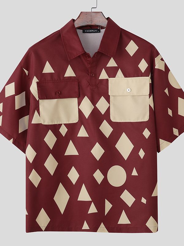 Men's Diamond Print Contrast Color Short Sleeve Shirt SKUL40099