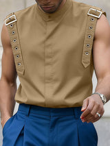 Men's Avant-Garde Industrial Buckled Shoulder Strap Mandarin Collar Sleeveless Shirt SKUL66042