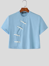 Men's New Chinese Style Frog Button Cropped Short Sleeve T-shirt SKUL56545