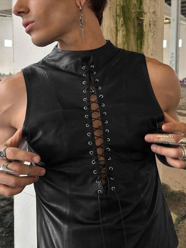 Men's Goth Punk Streetwear Faux Leather Lace Up Front Slim Fit Mock Neck Tank SKUL66977