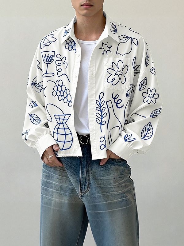 Men's Hand Drawn Print Long Sleeve Shirt SKUL39902