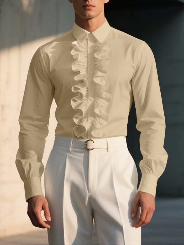Mens Solid Color Ruffle Collar Long Sleeve Shirt SKUL27250