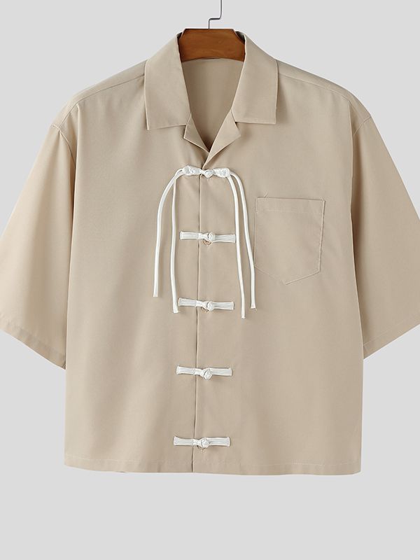 Men's Frog Button Contrast Color Short Sleeve Shirt SKUL45324