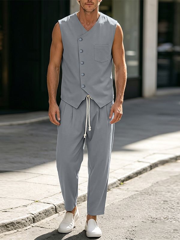 Men's Modern Chinoiserie Asymmetric Diagonal Button Two Pieces Outfit SKUL68426