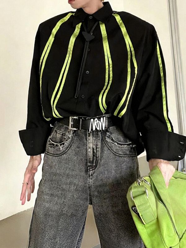 Men's Color Block Stripe Loose Long Sleeve Shirt SKUL36388