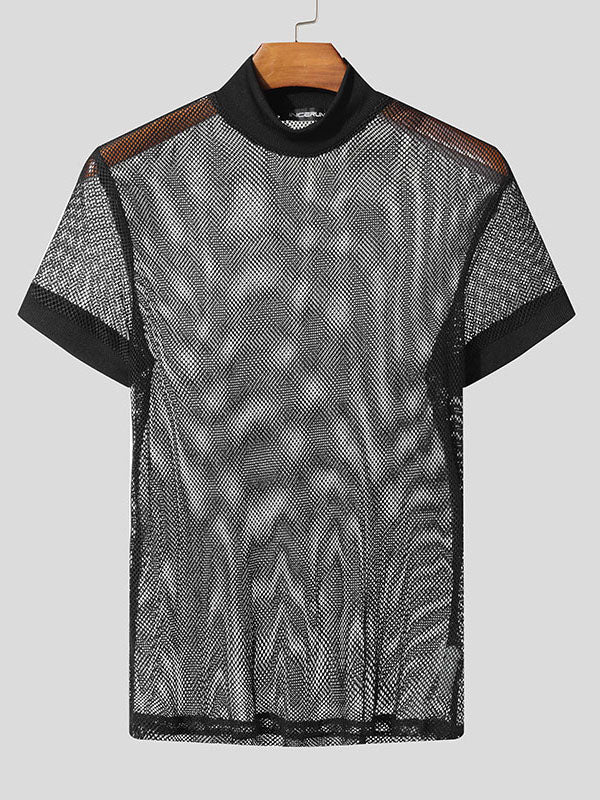 Mens Sheer Mesh Mock Neck Short Sleeve T-Shirt SKUL03161