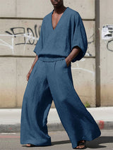 Men's Solid Color Textured V Neck Two Pieces Outfit SKUL54000