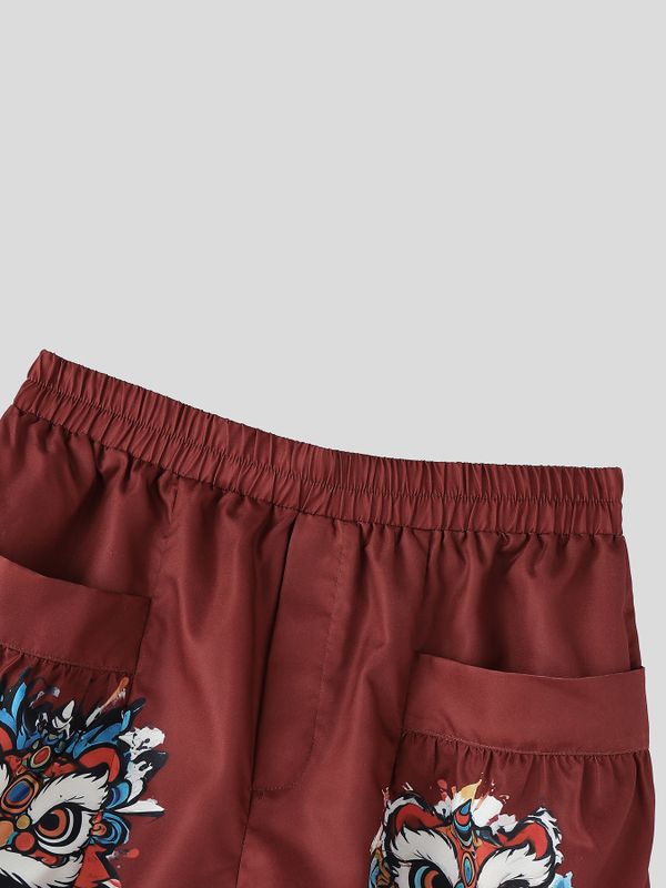 Men's Vintage Modern Chinese Lion Dance Graphic 3D Pocket Loose Cargo Short SKUL63709