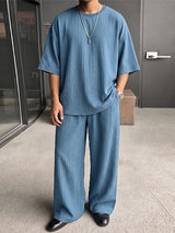 Men's Urban Resort Minimalist Pleated Texture Oversized Two Pieces Outfit SKUL74889