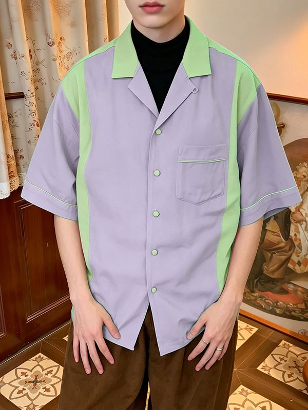 Men's Retro Color-Block Patchwork Cuban Collar Shirt SKUL63835