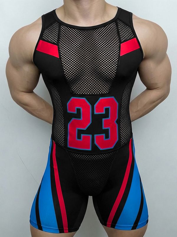 Men's Avant-Garde "23" Graphic Color-Block Mesh Panel Athletic Bodysuit SKUL54072