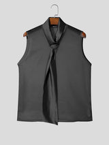 Men's Semi-Sheer Integrated Wide Tie Draped Neck Sleeveless Shirt SKUL57510