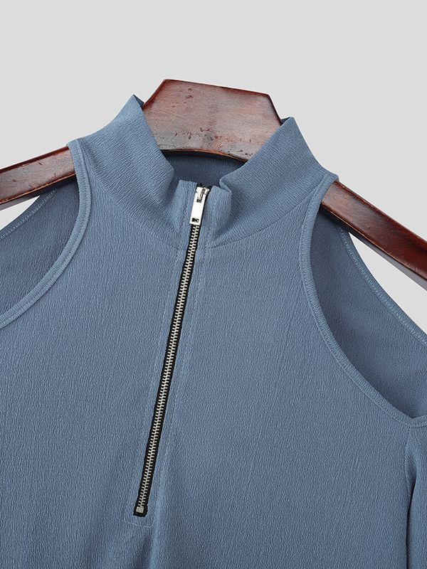 Men's Cut-Out Shoulder Textured Half-Zip Long Sleeve T-shirt SKUL47904