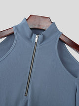 Men's Cut-Out Shoulder Textured Half-Zip Long Sleeve T-shirt SKUL47904