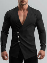 Men's Minimalist Asymmetrical Placket Deep V Neck Long Sleeve Shirt SKUL46281