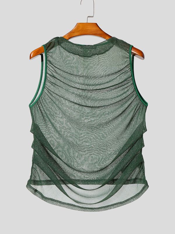 Men's Gender-Fluid Fashion Sheer Glitter Mesh Ruched Fit Tank SKUL72609