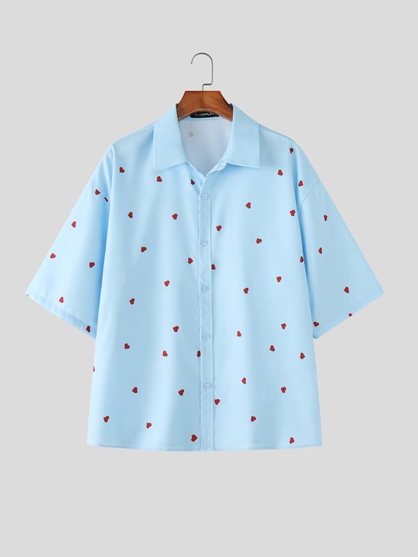 Men's All-Over Mini Heart Print Casual Cuban Collar Short Sleeve Shirt SKUL66955