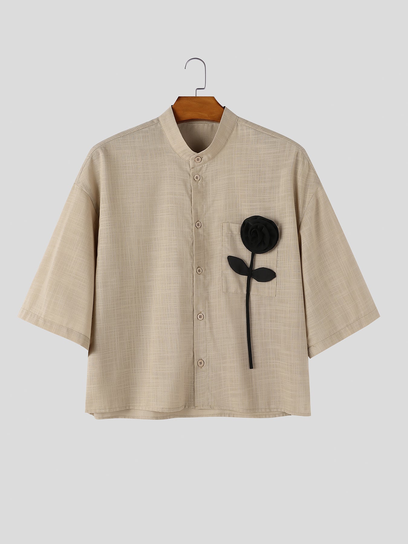 Men's Retro Resort Floral Applique Pocket Feel Drop Shoulder Half Sleeve Band Collar Shirt SKUL81852