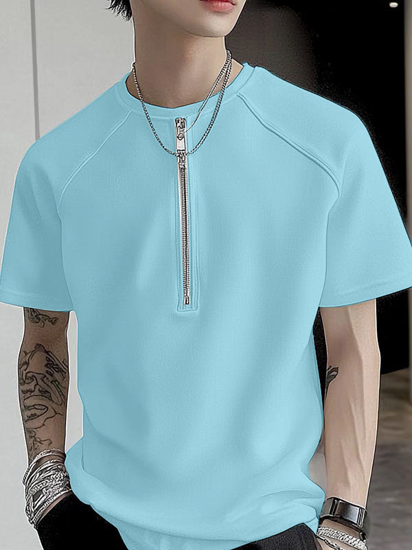 Mens Solid Color Half-Zip Short Sleeve T-Shirt SKUL09350