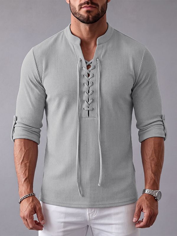 Men's Early Autumn Urban Casual Drawstring Front Textured Long Sleeve T-shirt SKUL81069