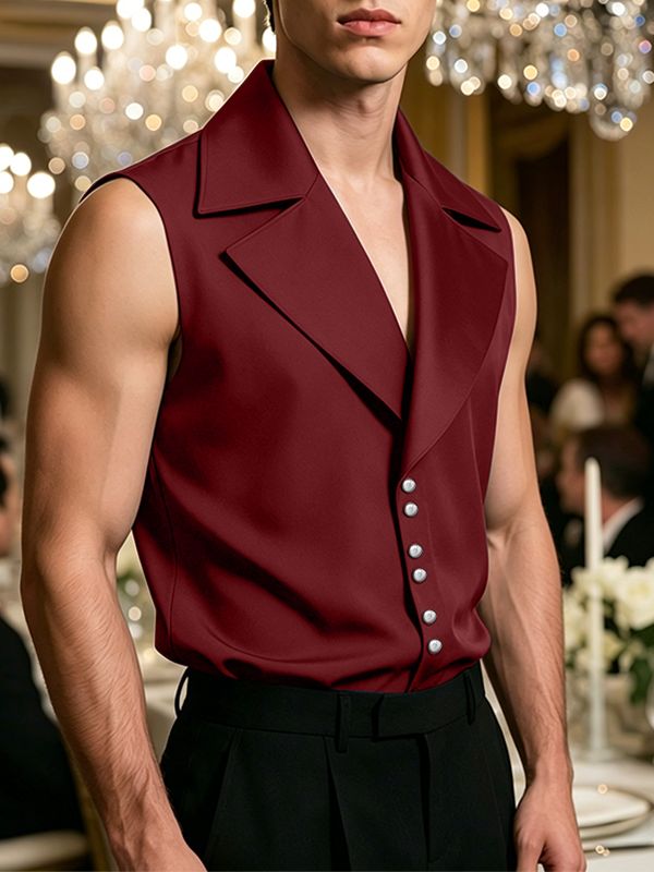 Men's Avant-Garde Tuxedo Lapel Satin Tailored Sleeveless Shirt SKUL62973