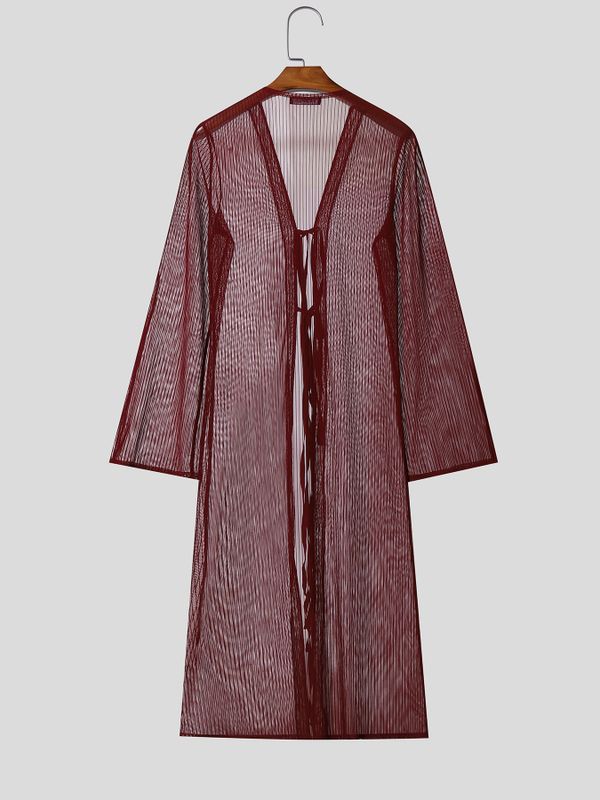 Men's Avant-Garde Longline Sheer Ribbed Tie-Front Flared Sleeve Cardigan SKUL57687