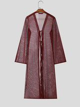 Men's Avant-Garde Longline Sheer Ribbed Tie-Front Flared Sleeve Cardigan SKUL57687