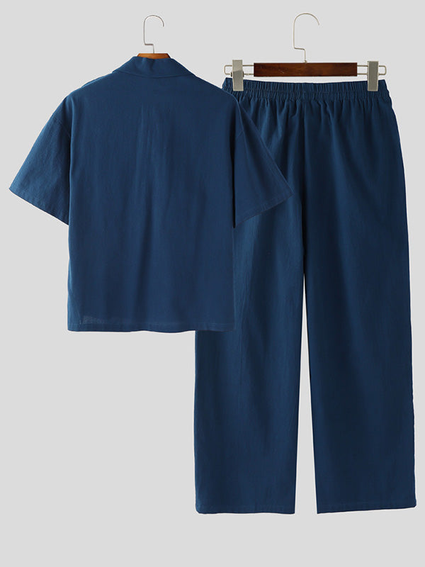 Men's Minimalist Wrinkled Linen-Look Two Pieces Outfit SKUL30685